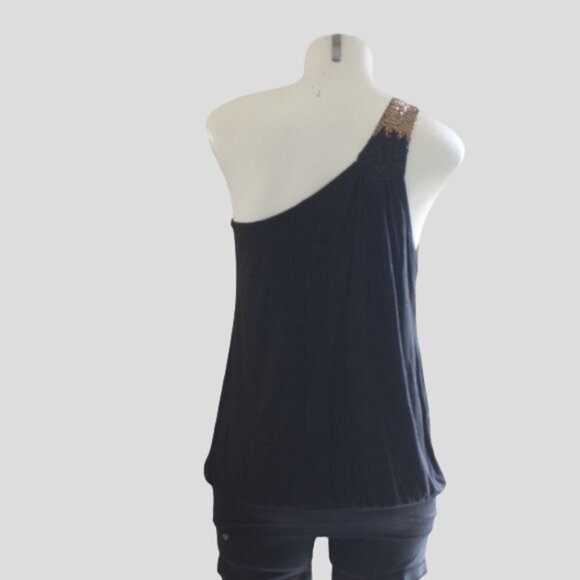 Forever XXI One Shoulder Black Beaded Tank Top - Picture 2 of 12
